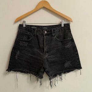 Black Jean Shorts Distressed High-Waisted Size 8